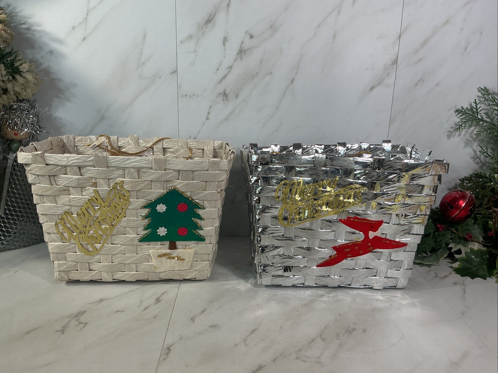 RARE (2) Vintage Japan Christmas Woven Plastic Kitsch Baskets Metallic Reindeer