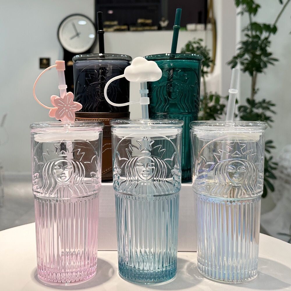 550ml Starbucks Tumbler Cherry Blossom Cup Pink Gradient Peach Glass with Straw