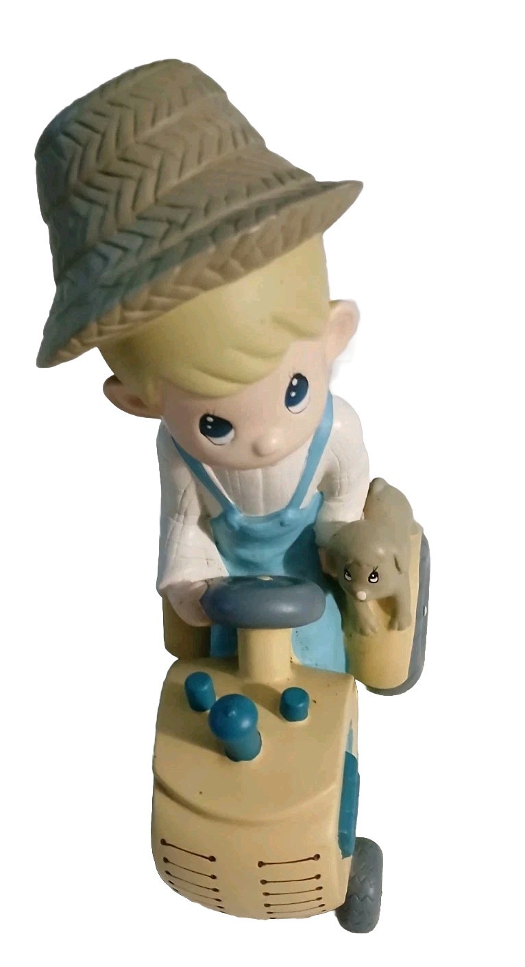PRECIOUS MOMENTS TOMMY ON TRACTOR FIGURINE INDOOR/OUTDOOR WEATHER RESISTANT 11″
