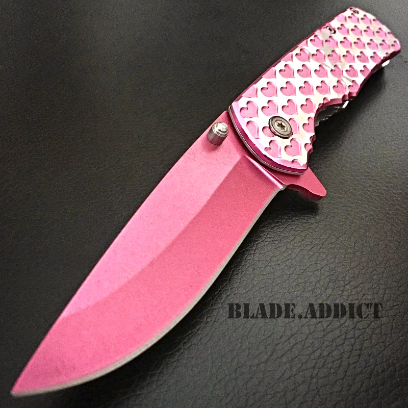 8″ Ladies Pink HEARTS TACTICAL Combat Spring Assisted Open Pocket Knife Women