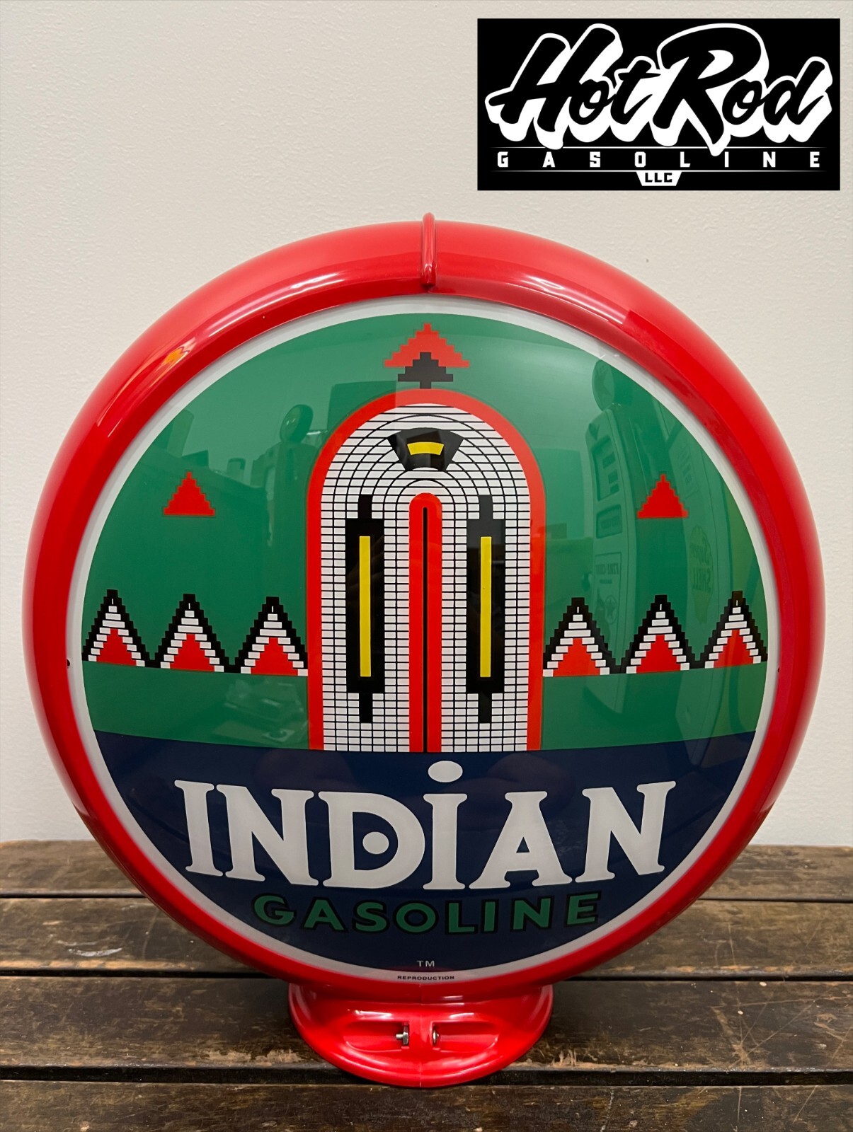 INDIAN GASOLINE Reproduction 13.5″ Gas Pump Globe – (Red Body)