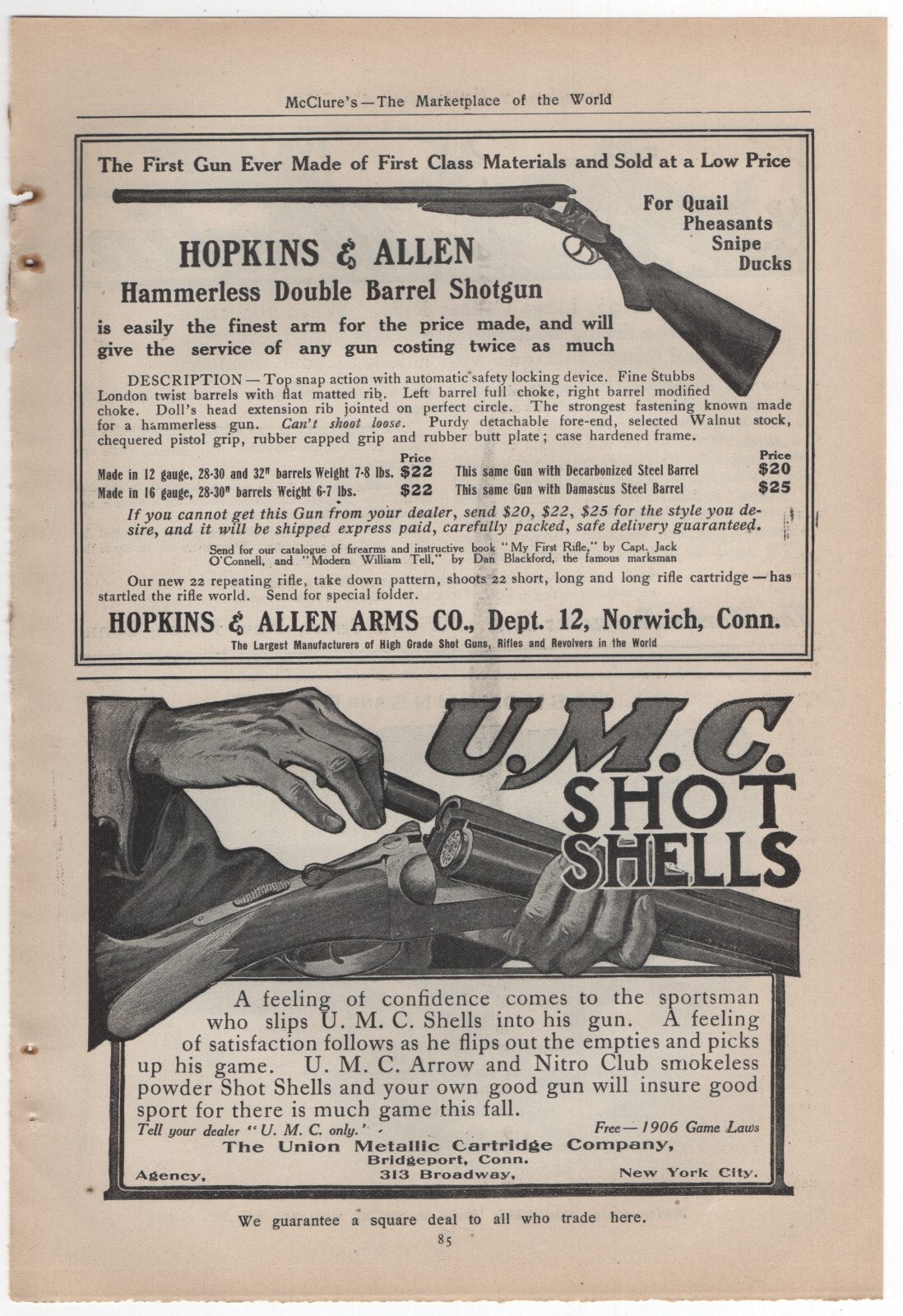 Antique 1906 Print-ad, Hopkins & Allen Shotgun, U.M.C. Shells, & Marlin Rifles