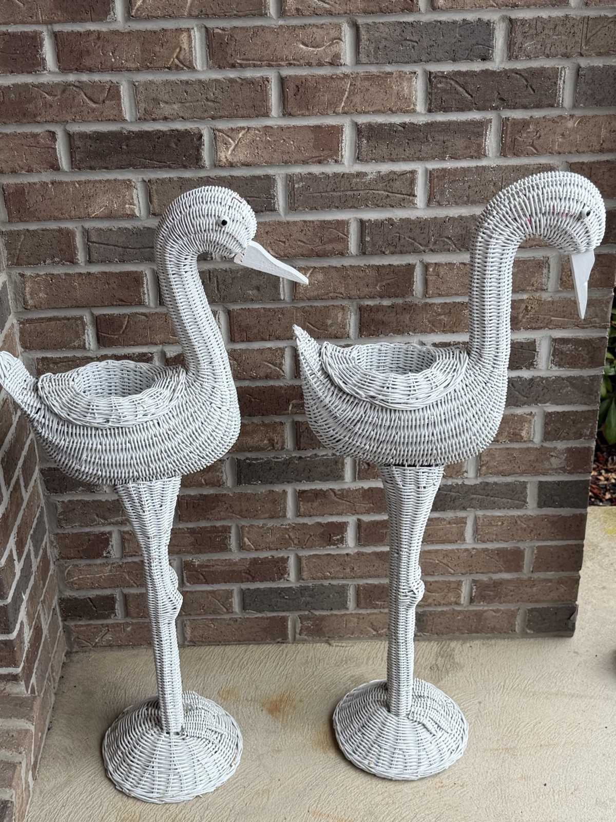 Vtg White Wicker Flamingo Planters (2) 36” Tall Porch Patio Indoor Outdoor Decor