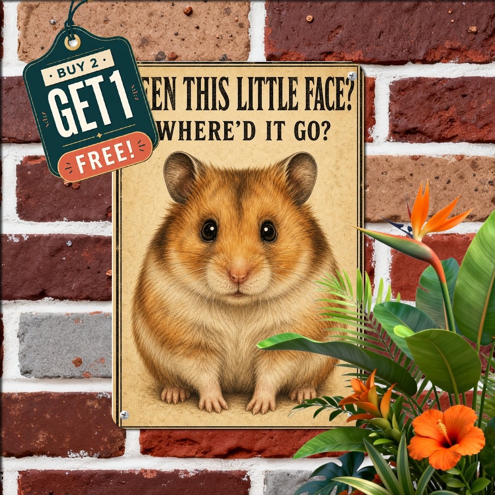 Front Facing Portrait Vintage Cute Hamster Pet Shop Slogan Metal Sign