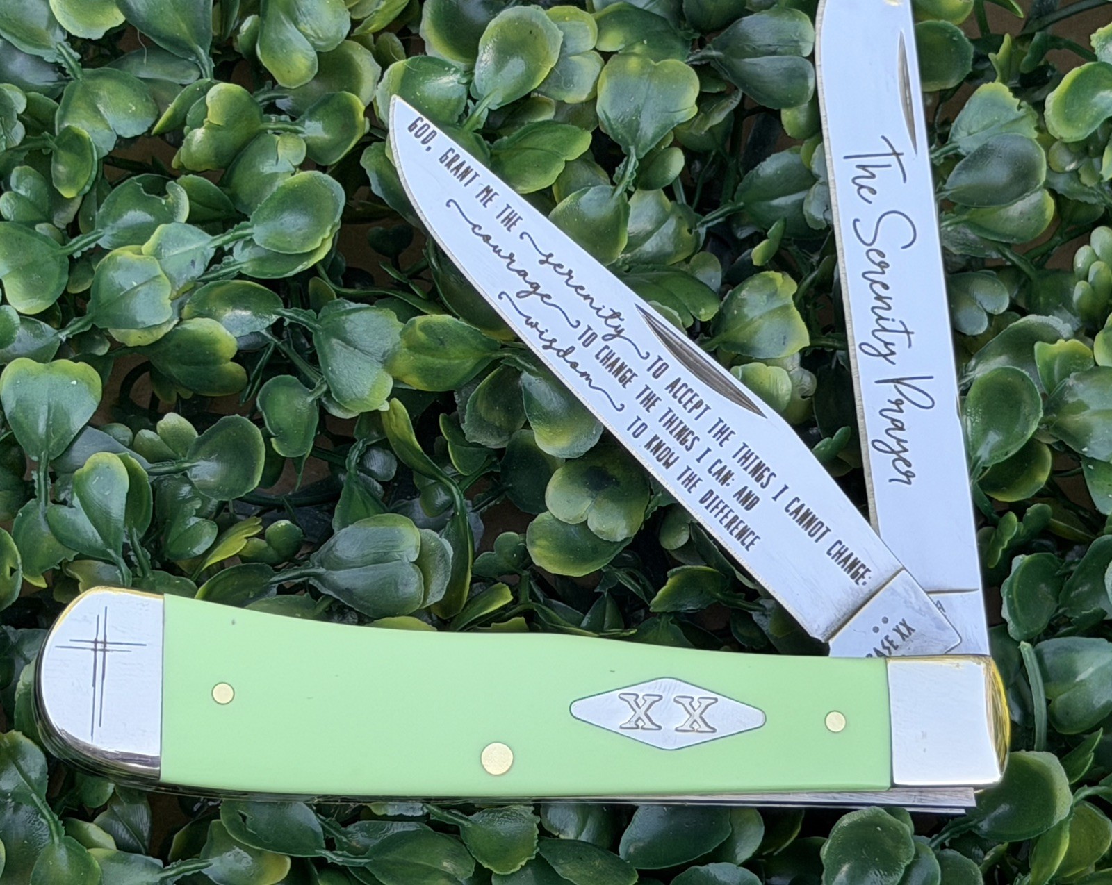 Case XX Mint Green Synthetic Trapper Serenity Prayer Custom Knife Wisdom Courage