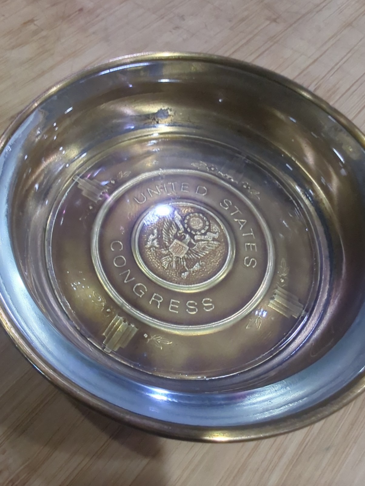 Vtg United States Congress Trinket Dish Ashtray Brass Plated Metal Glass