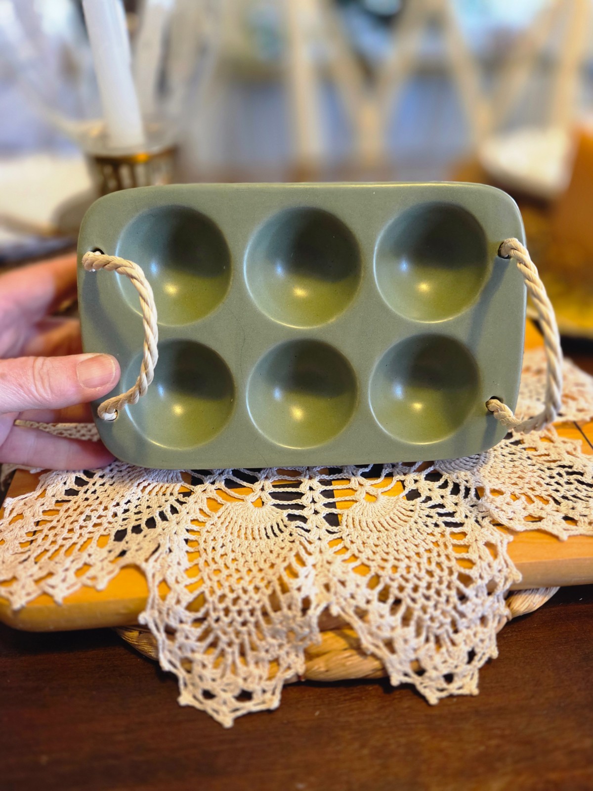 sage green ceramic earthenware egg holder with rope handles