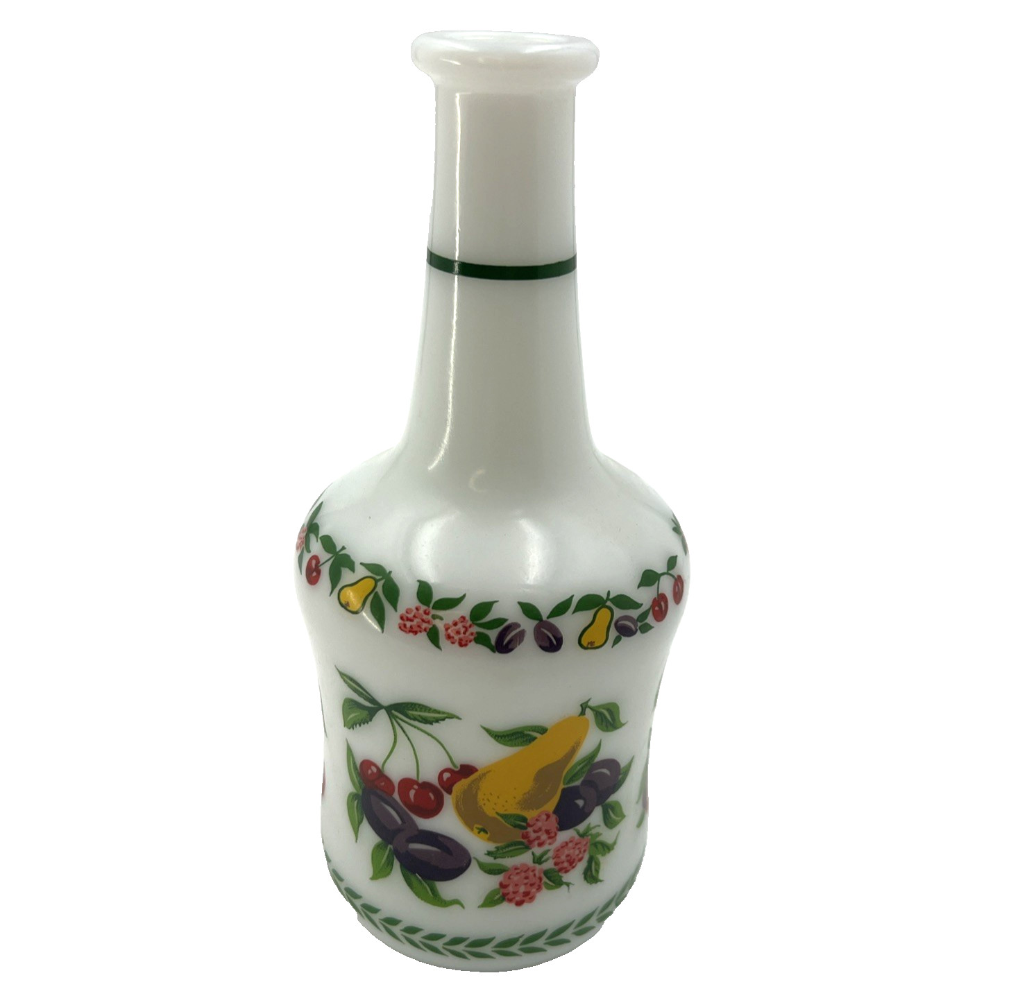 Vtg Fire-King Nature’s Bounty 500ml (17oz) Milk Glass Decanter 8″ Tall