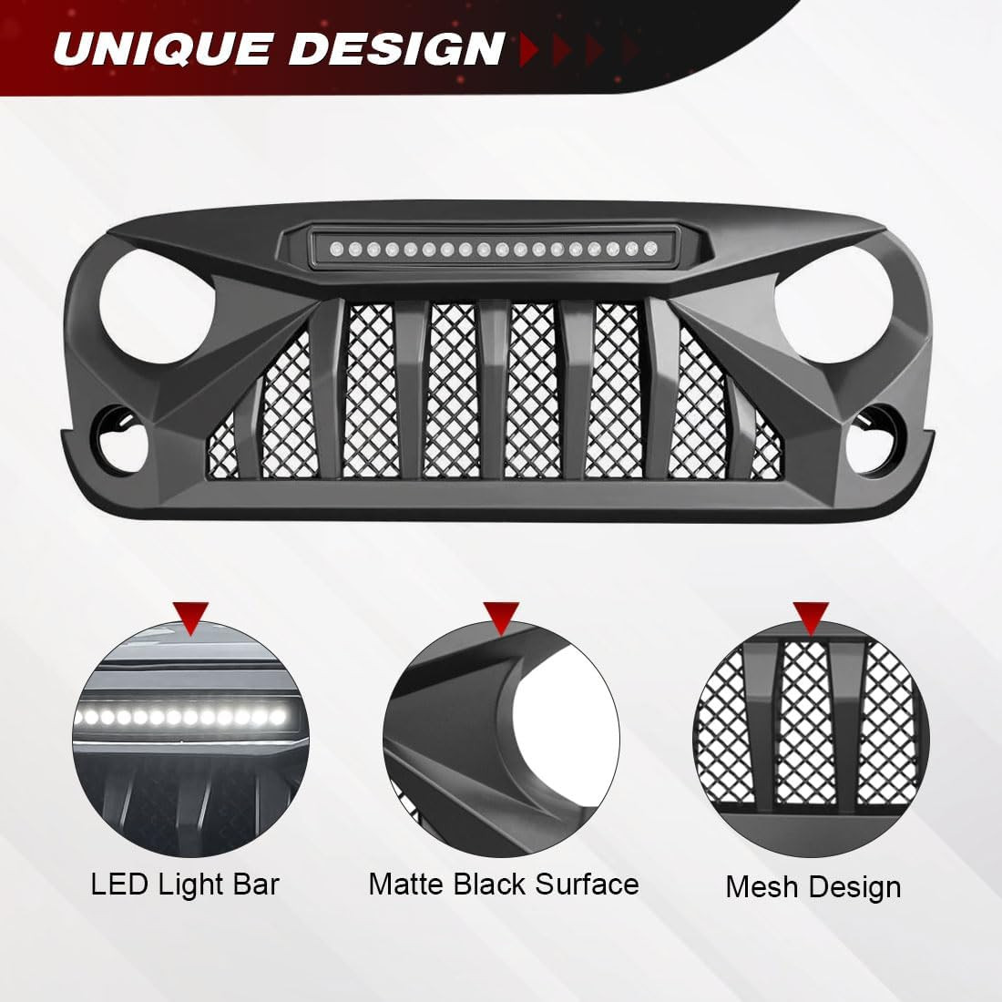 Front Grille with Offroad Lights Compatible with 2007-2018 Jeep Wrangler Rubicon
