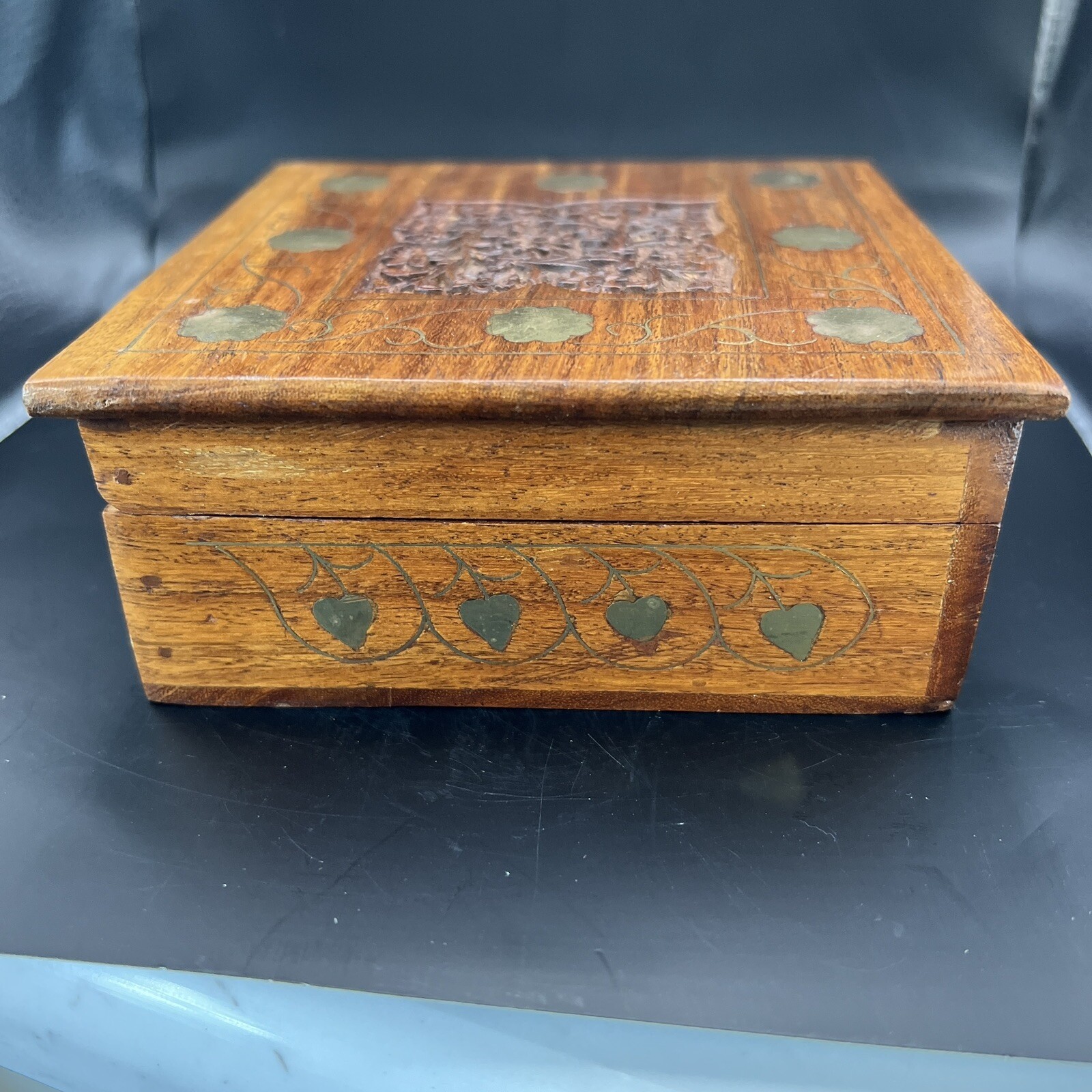 Wooden Trinket Box Archana Crafts Hinged Hand Carved in India Storage Vintage