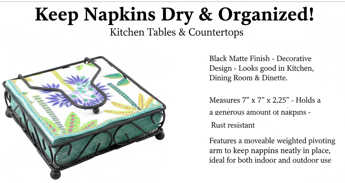 Black Matte Scroll Design Napkin Holder Dispenser With Weighted Arm