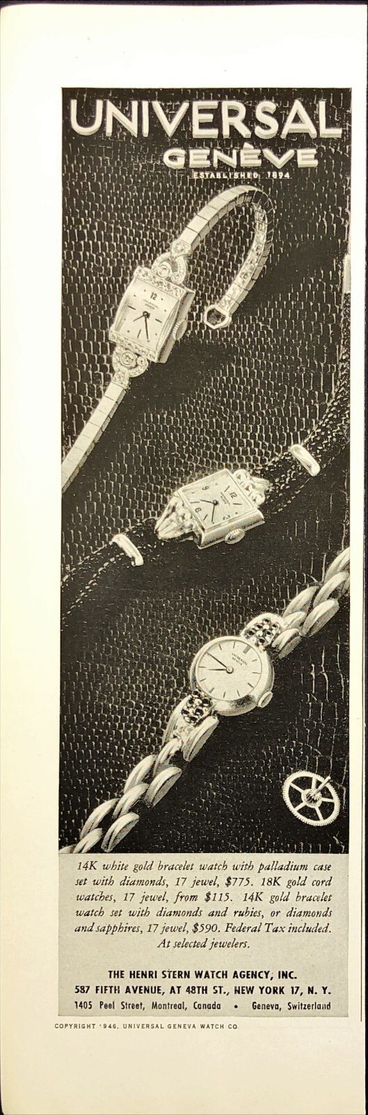 1946 Universal Geneve Wrist Watches The Henri Stern Watch Agency Print Ad