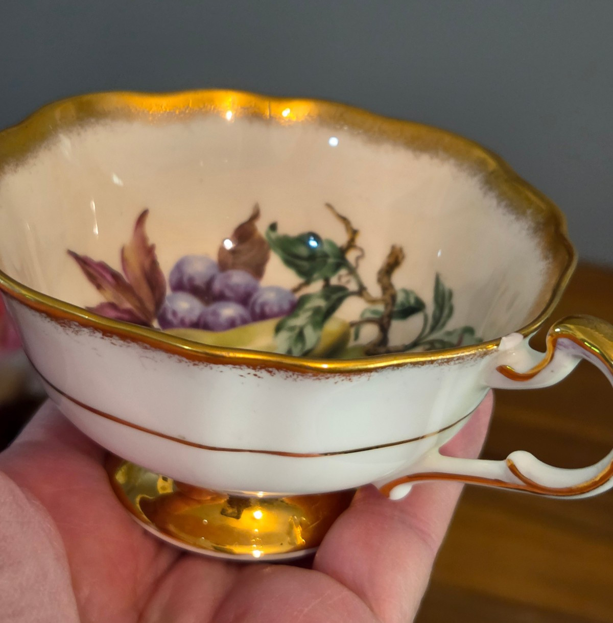 Vintage Paragon Teacup Orphan – fruit & gold, CHIP