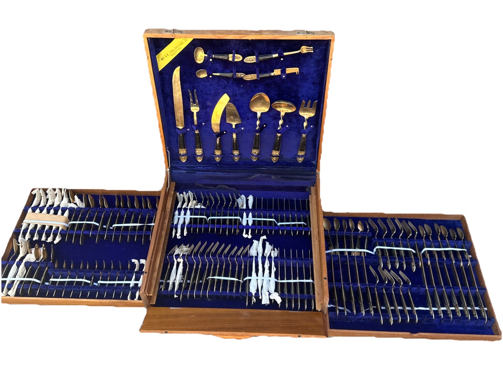 VTG. MID-CENTURY THAILAND BRASS/TEAK 130PCS FLATWARE SILVERWARE SET IN BOX SIAM