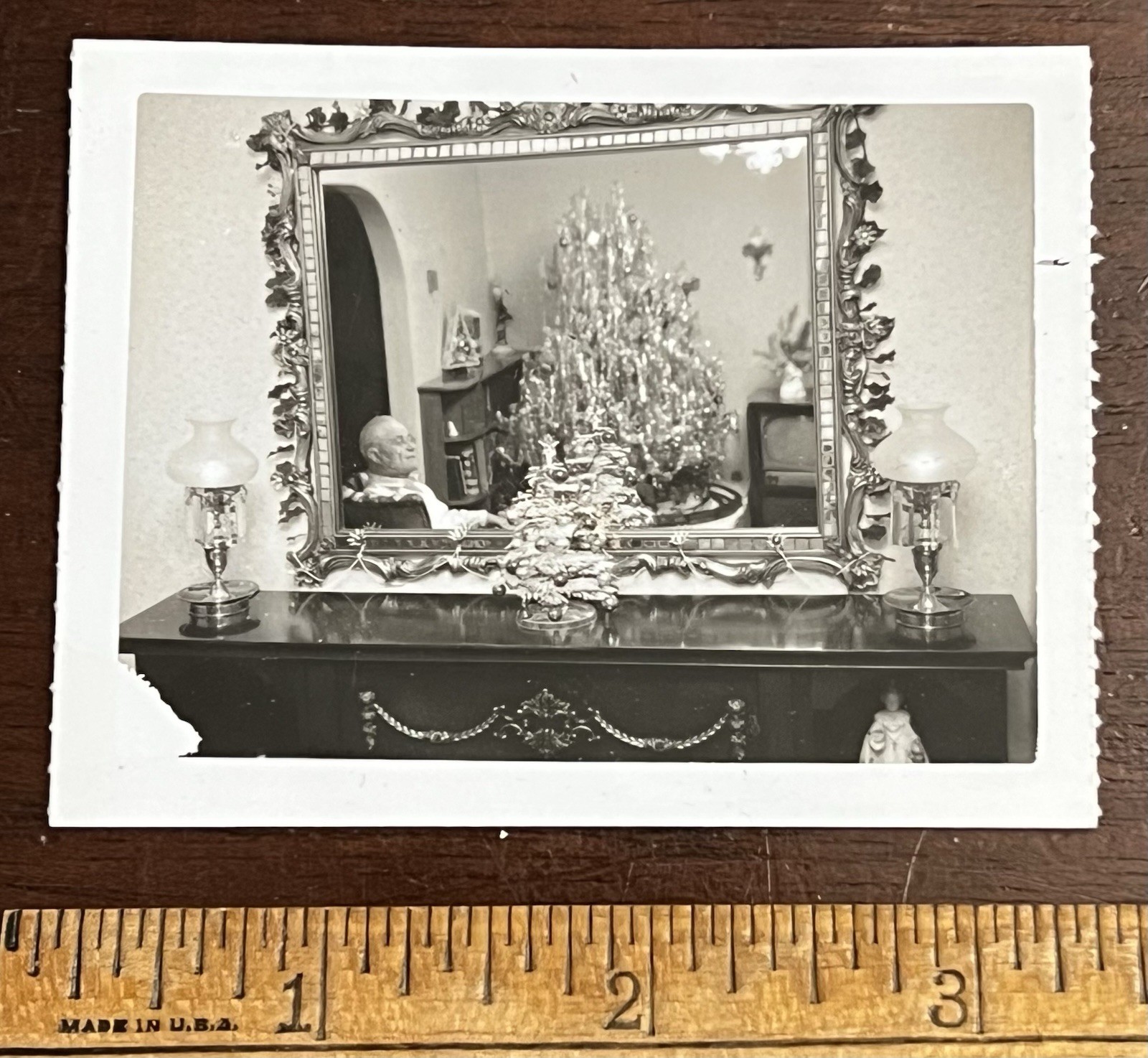 Photo Poloroid, Man by Christmas Tree, Mirror Reflection, 3.25 x 2.50 in
