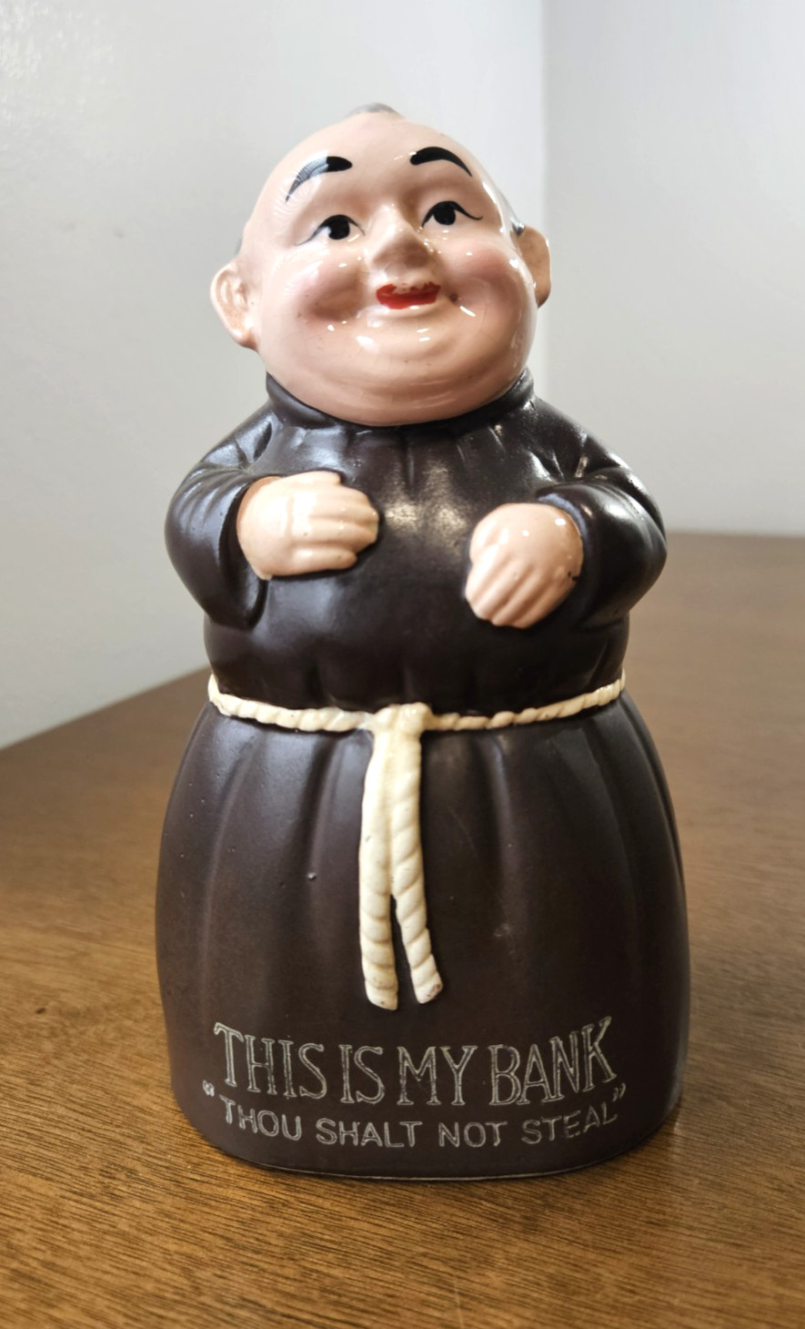 Vintage Monk Friar Tuck Coin Bank Thou Shalt Not Steal Religious Bank No Plug