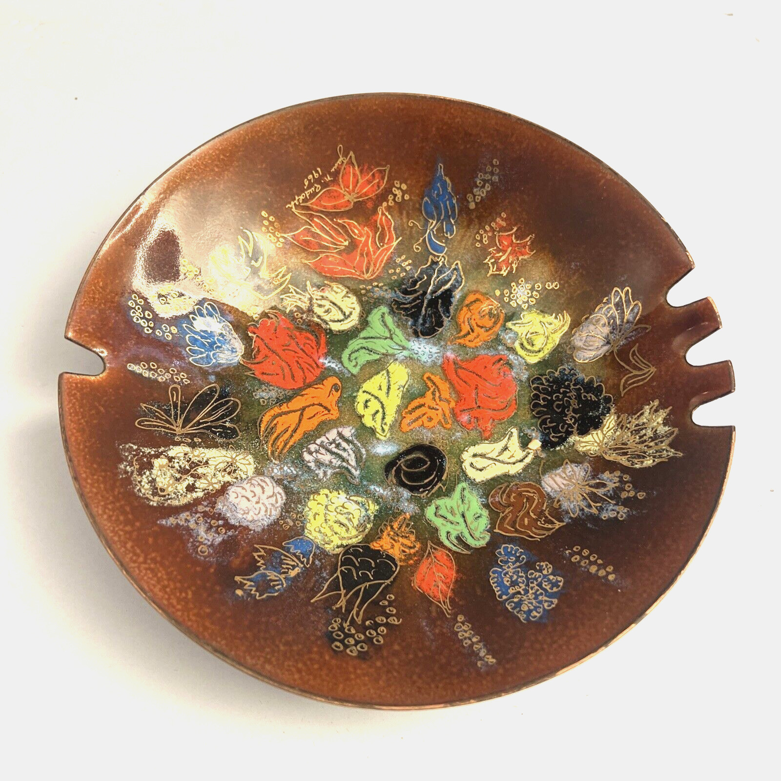 Exceptional Signed & Dated 1965 Mid-century Modern 7″ Enameled Copper Ashtray