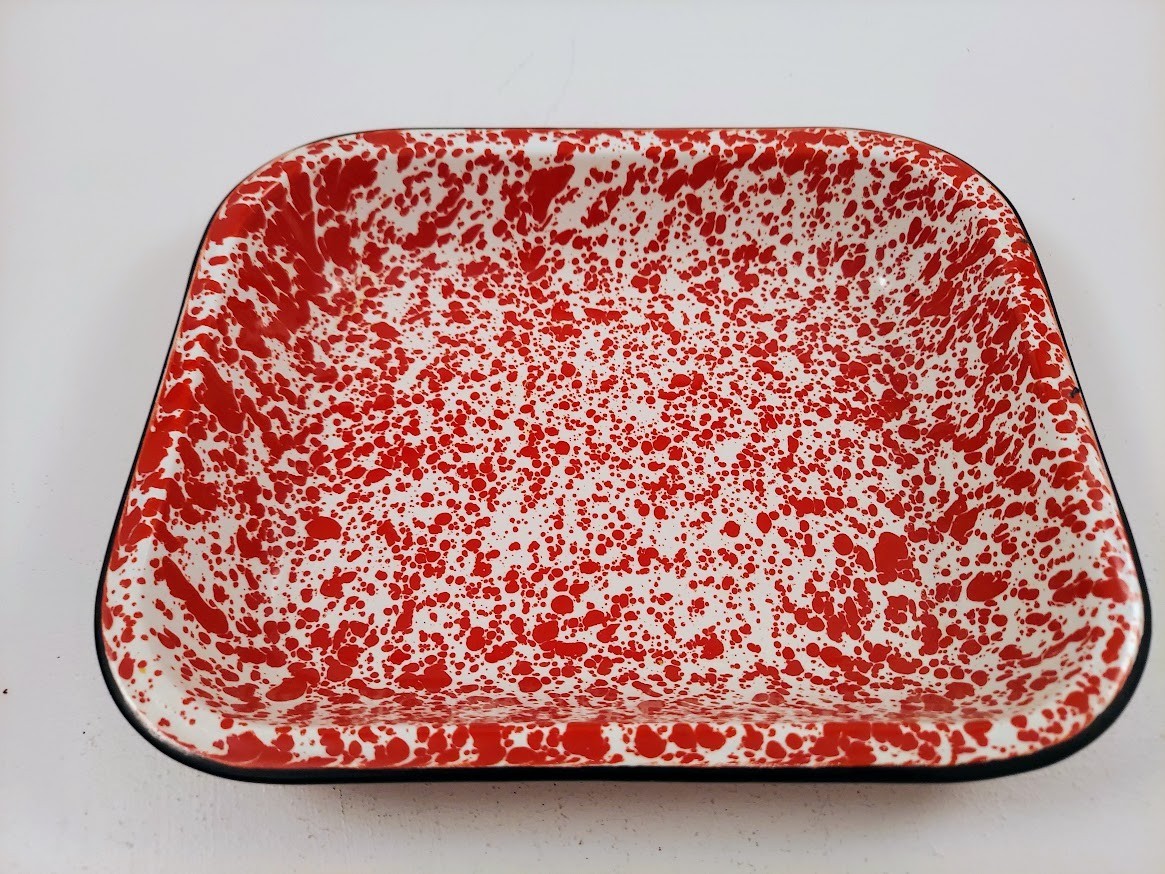 CGS International Red & White Splatterware Enamelware Rectangular Pan Tray Farm