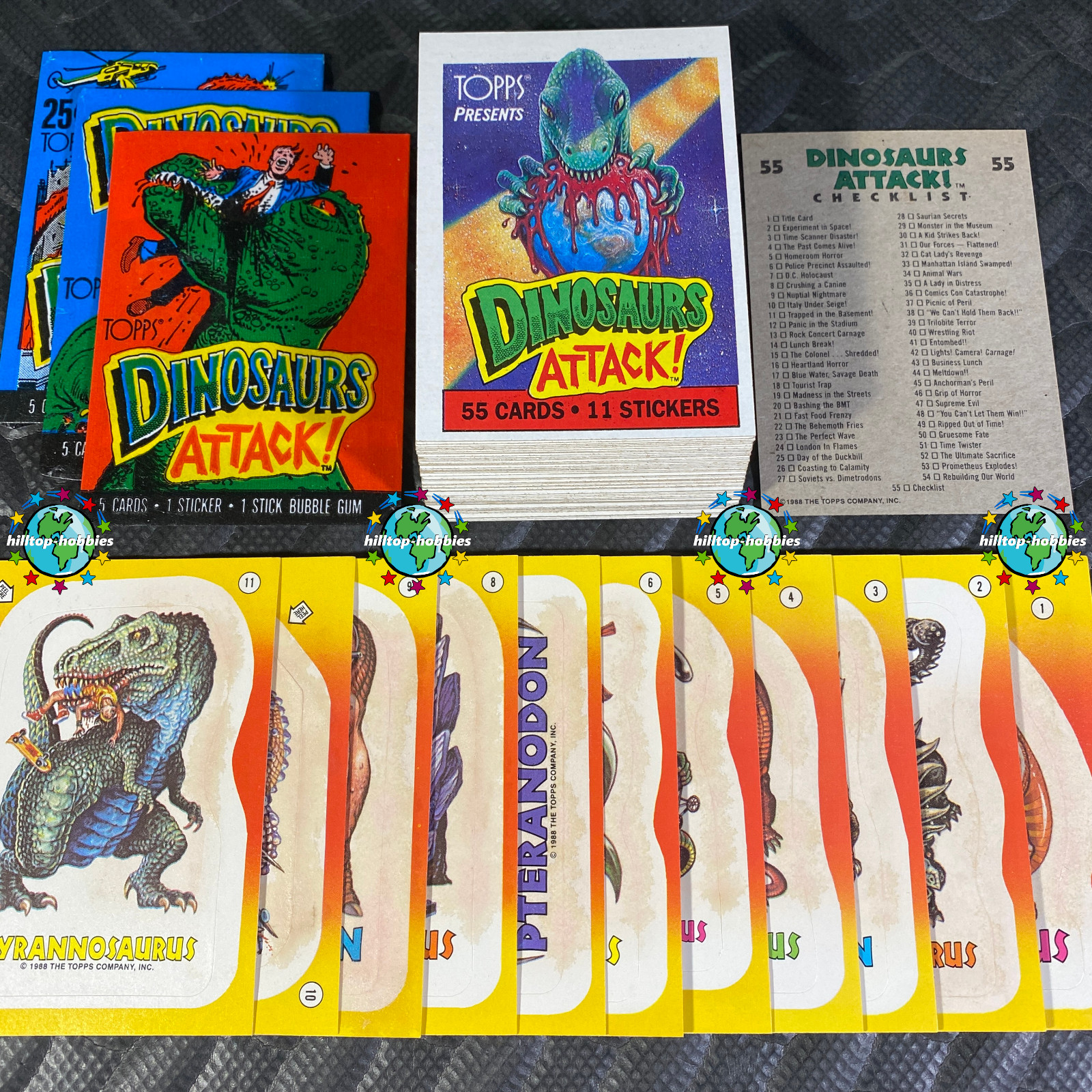 1988 DINOSAURS ATTACK COMPLETE 55-CARD SET+3 WRAPPERS AND *11-STAINED STICKERS!*