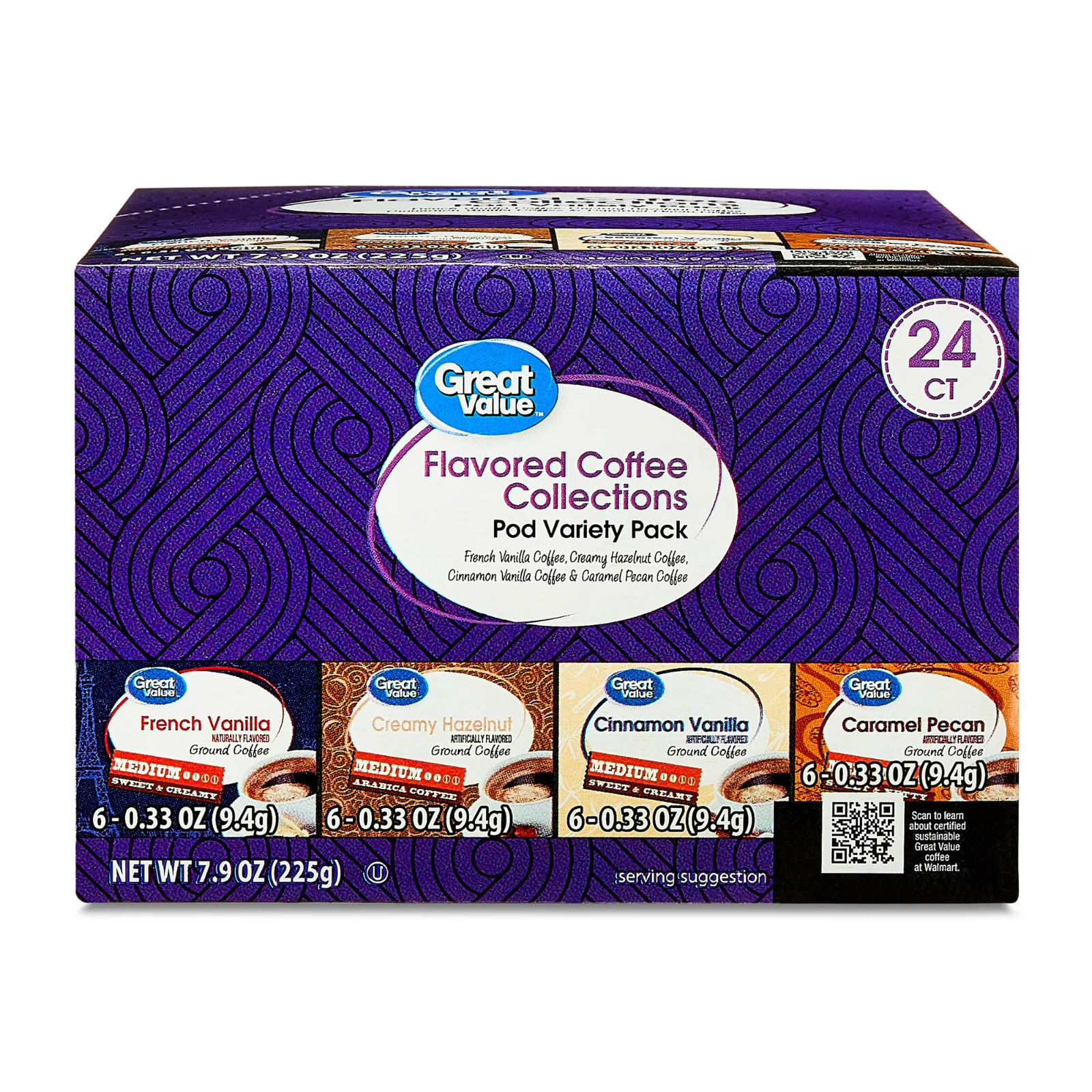 Great Value Flavored Medium Roast Ground Coffee Pods Variety Pack, 7.9 oz, 24 Co