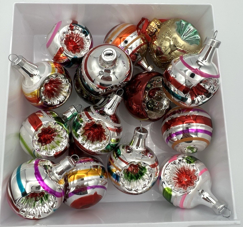 15 Shiny Brite ? Glass Small Christmas Ornaments Indent with Stripes Lot Vintage