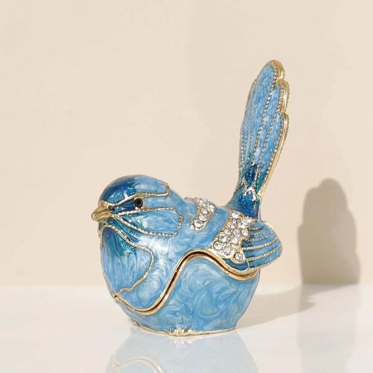 Exquisite Hand – Painted Enamel Blue Bird Trinket Box Hinged Rhinestone – Adorne