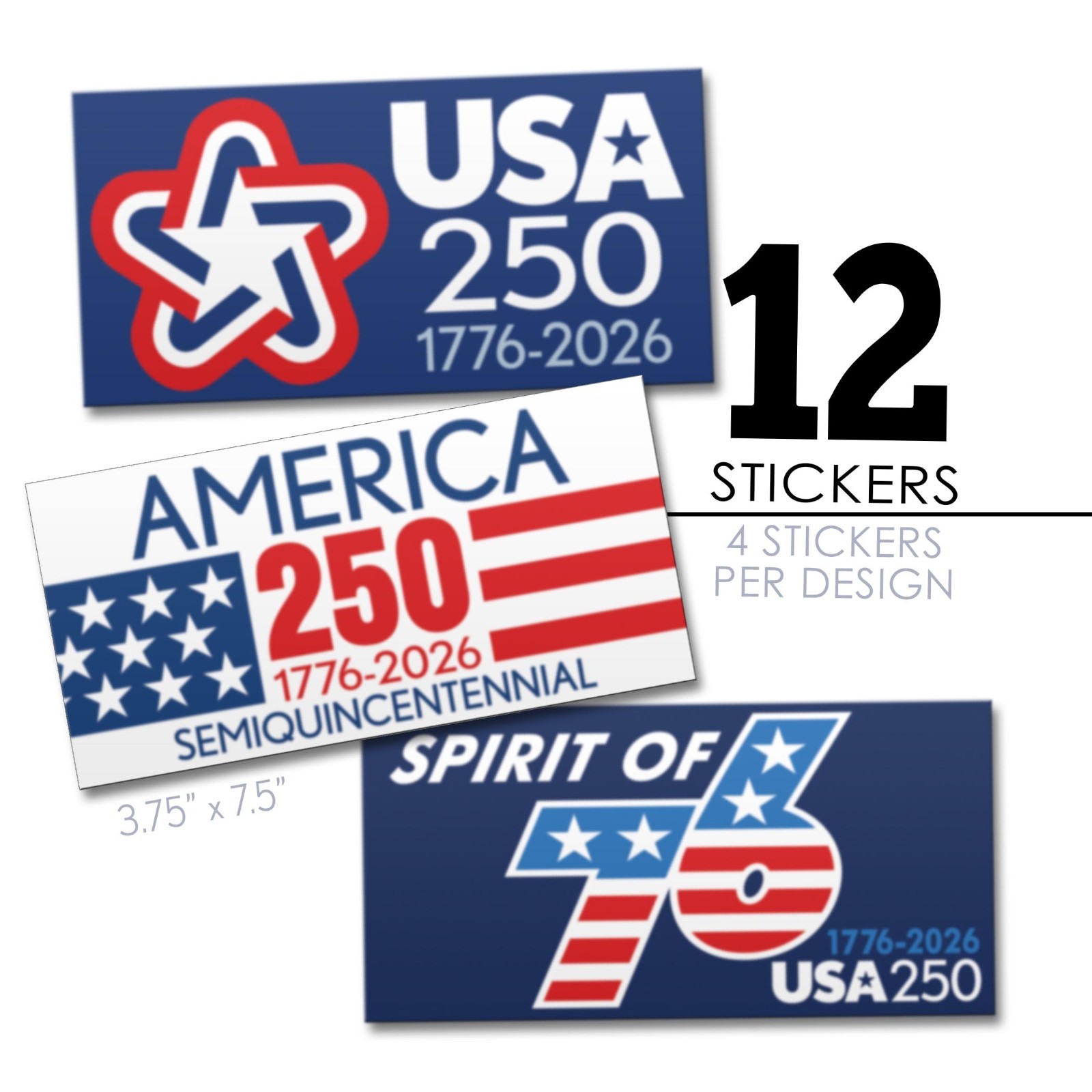 USA Bumper Stickers – 3 Designs – America, Semiquincentennial, 250 Freedom
