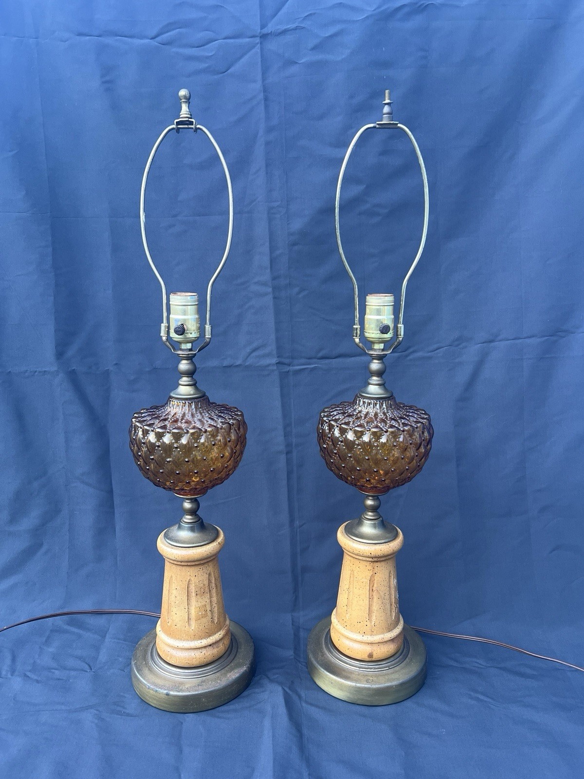 Vintage Amber Glass Table Lamps Pair Pineapple Hobnail Baroque 28” No Shades
