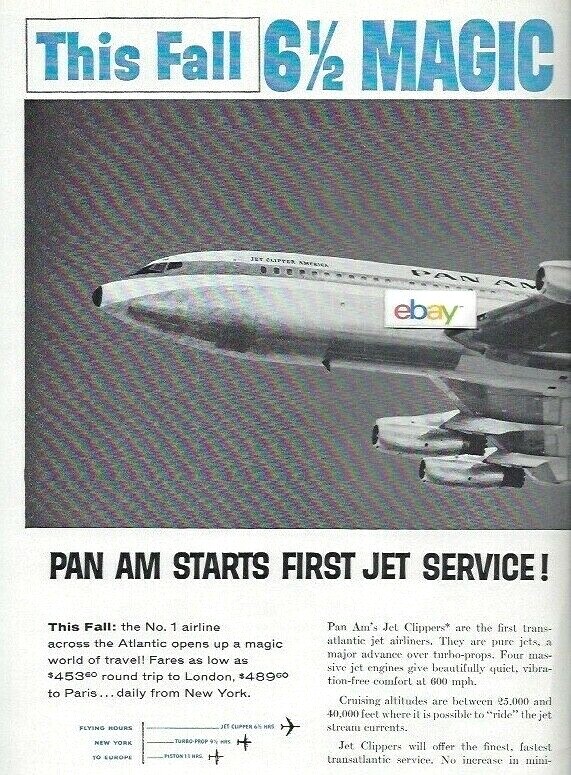 PAN AM BOEING 707 CLIPPER AMERICA JET 2 PG THIS FALL 6 1/2 HRS EUROPE AD