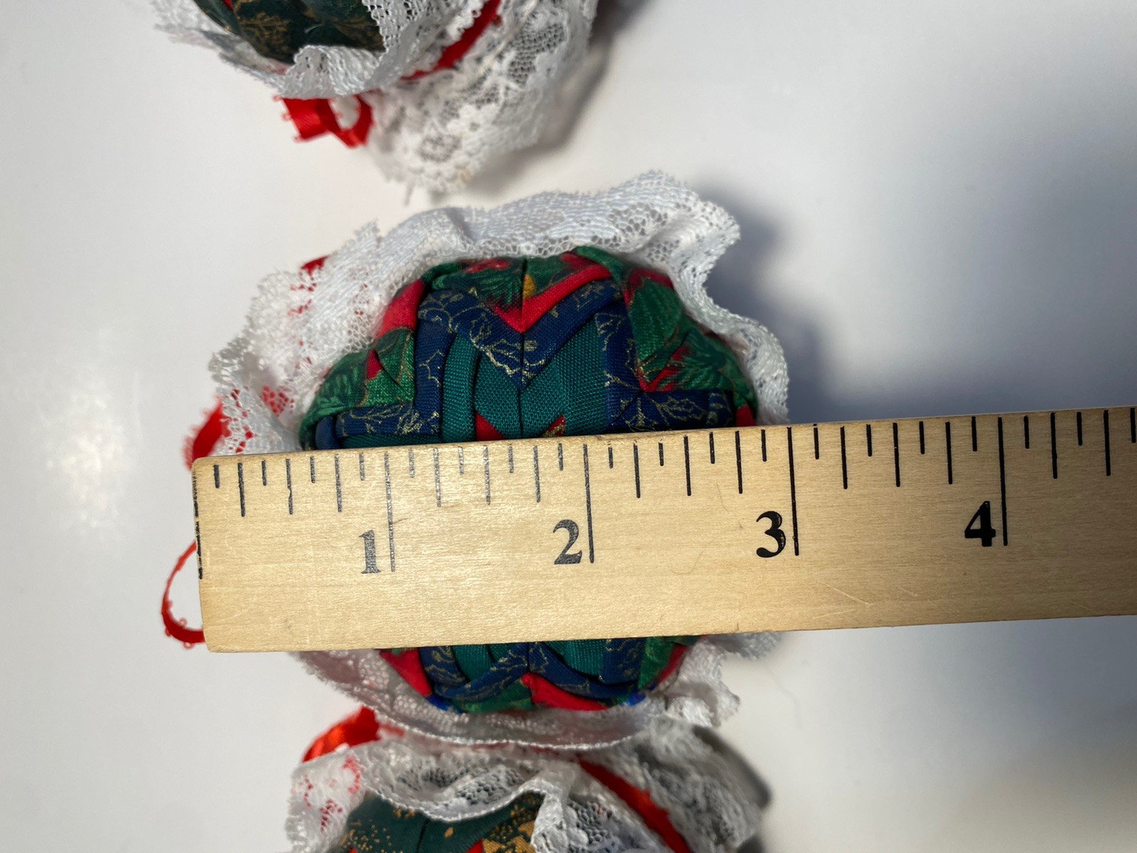 3 Vintage Handmade Folded Star Quilted Patch Red White Christmas Ball Ornament