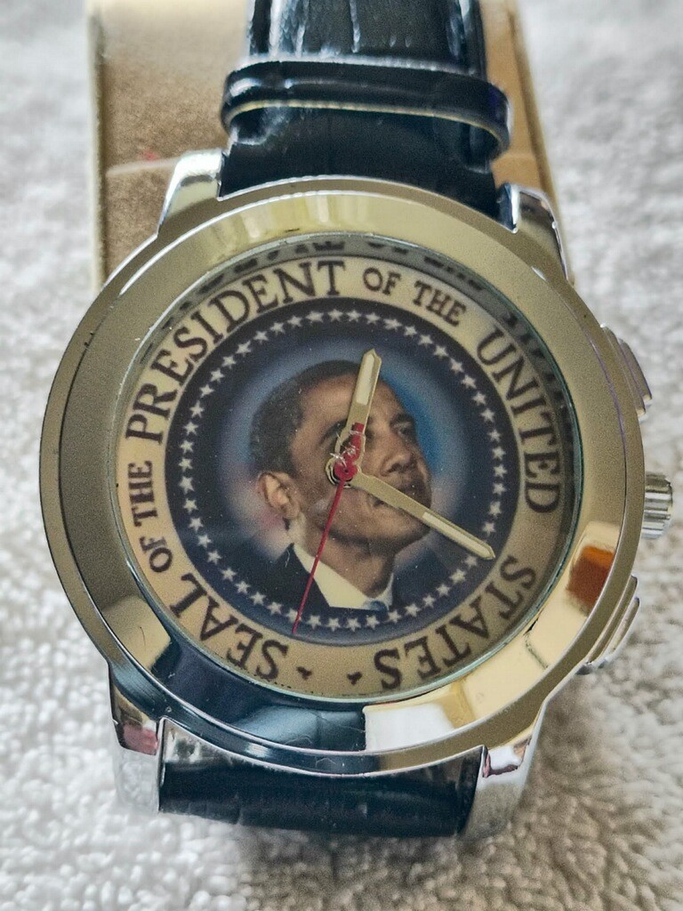 Barack Obama Presidential Seal Portrait Watch Black Leather Band Quartz