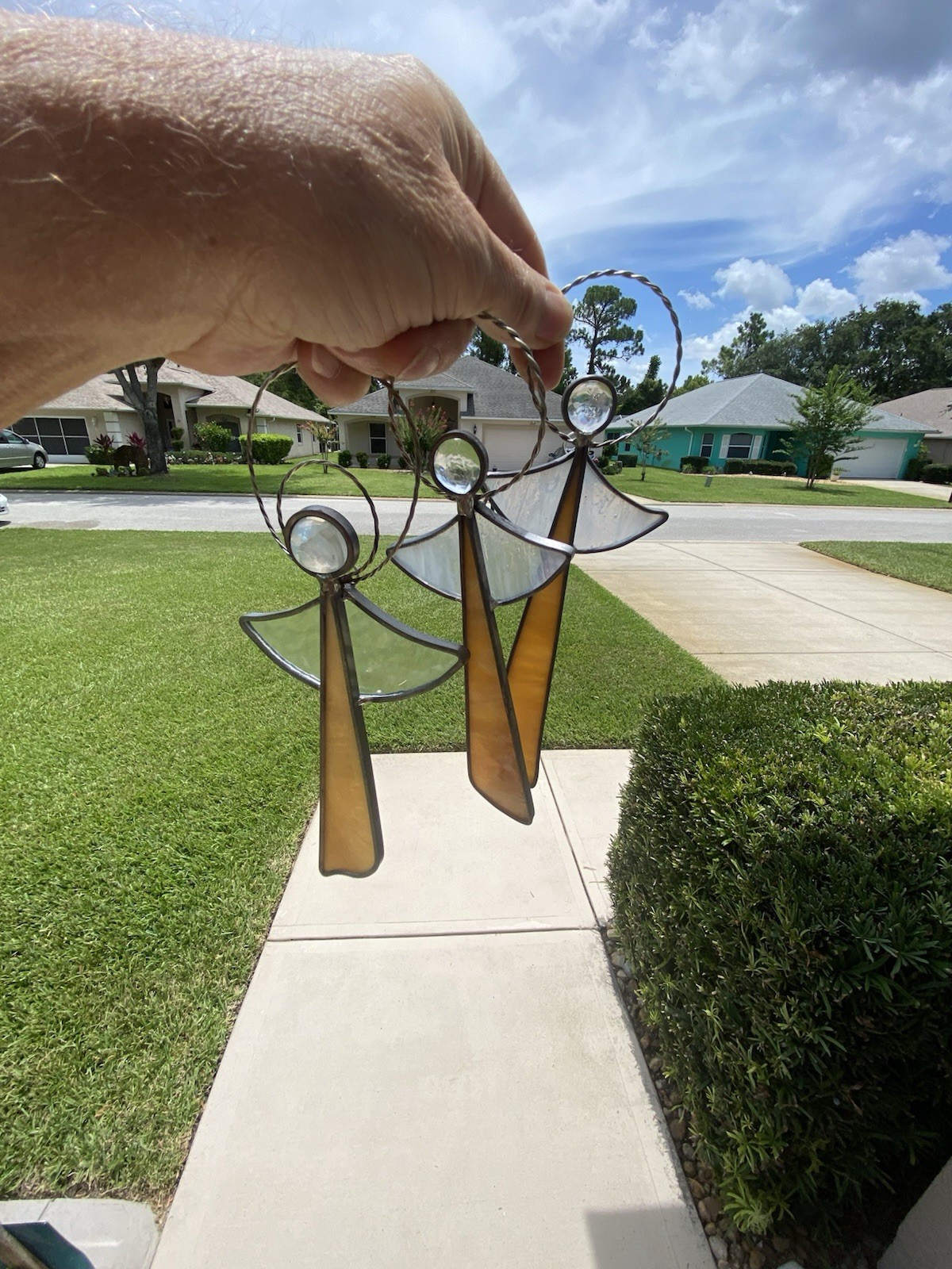3 Stain Glass Angel Ornament Set, 9″ and 8″ Tall, Sun-Catches Window Hangers