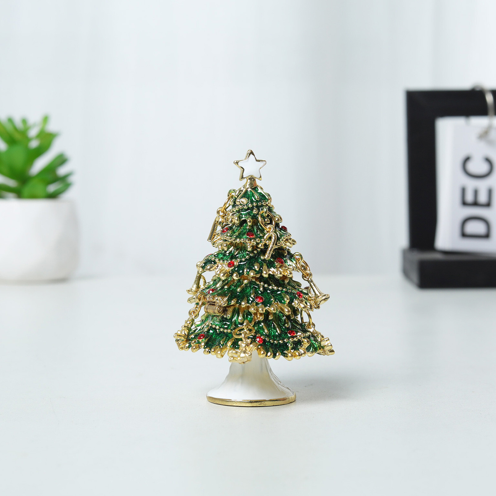 Christmas Tree Trinket Box Hinged Rhinestone Jeweled Color Enamel Ring Box Gift