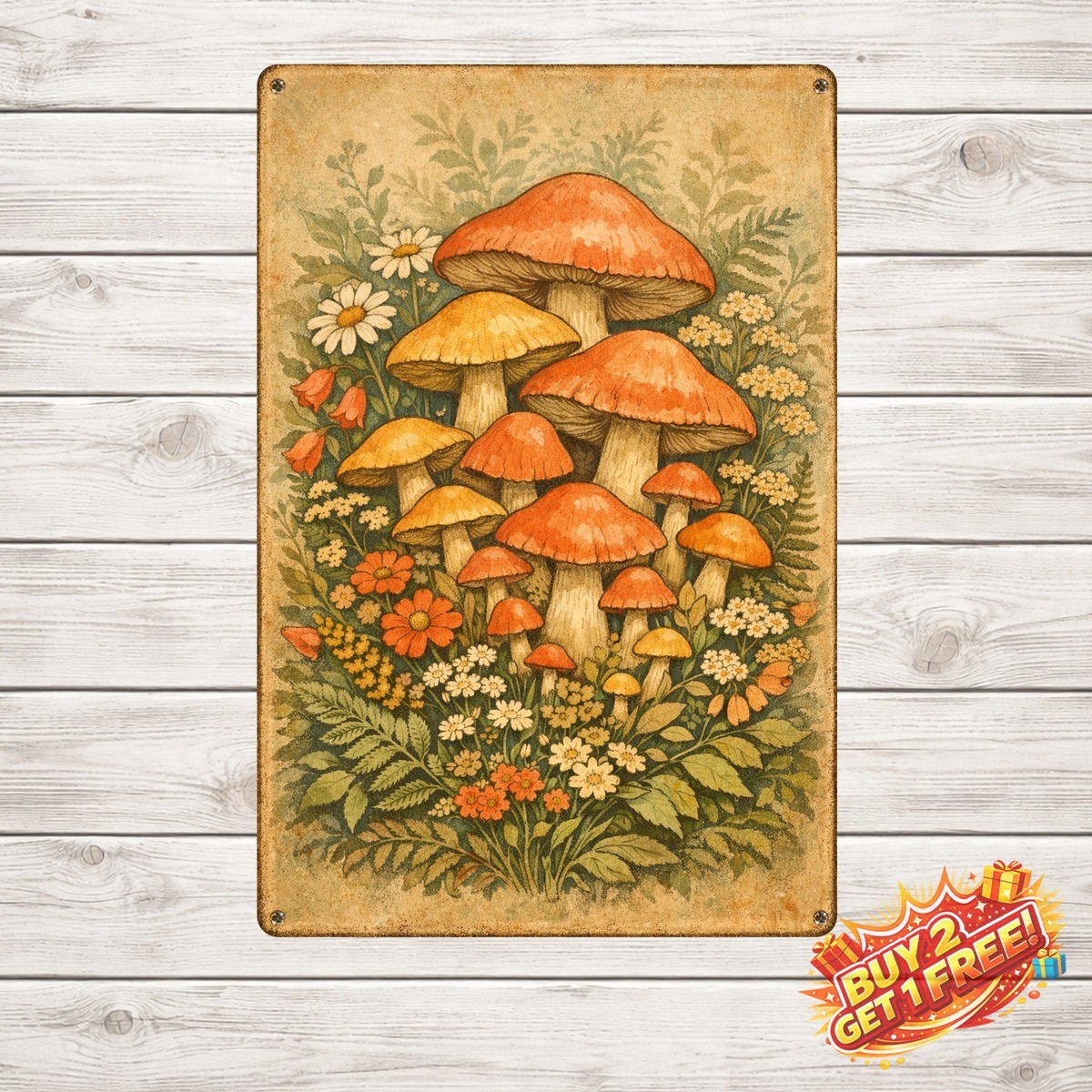 Mushroom Design Metal Sign 8×12 Vintage Forest Botanical Wall Decor