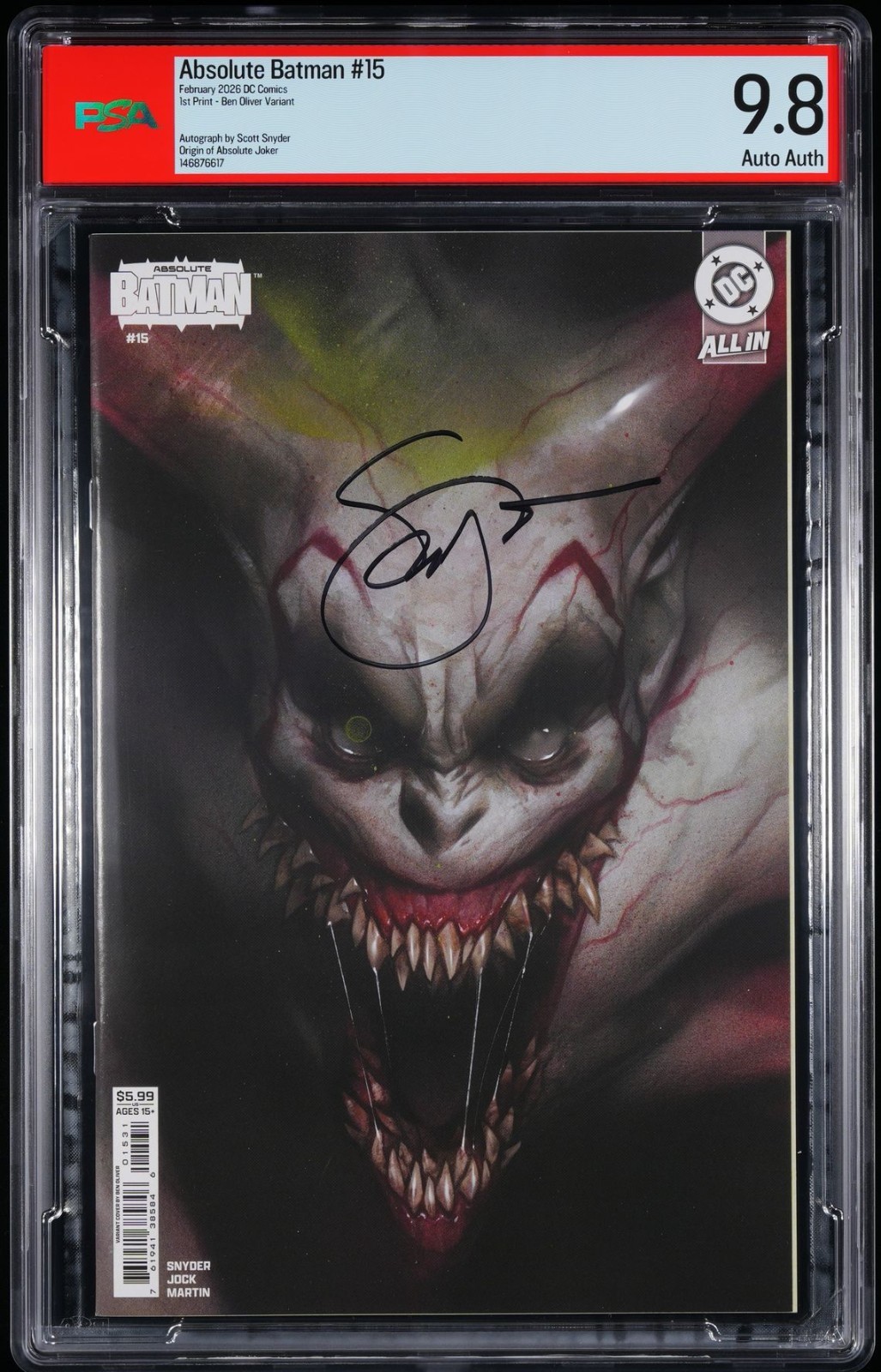 Absolute Batman #15 PSA SS 9.8 SIGNED By Scott Snyder Ben Oliver Cover