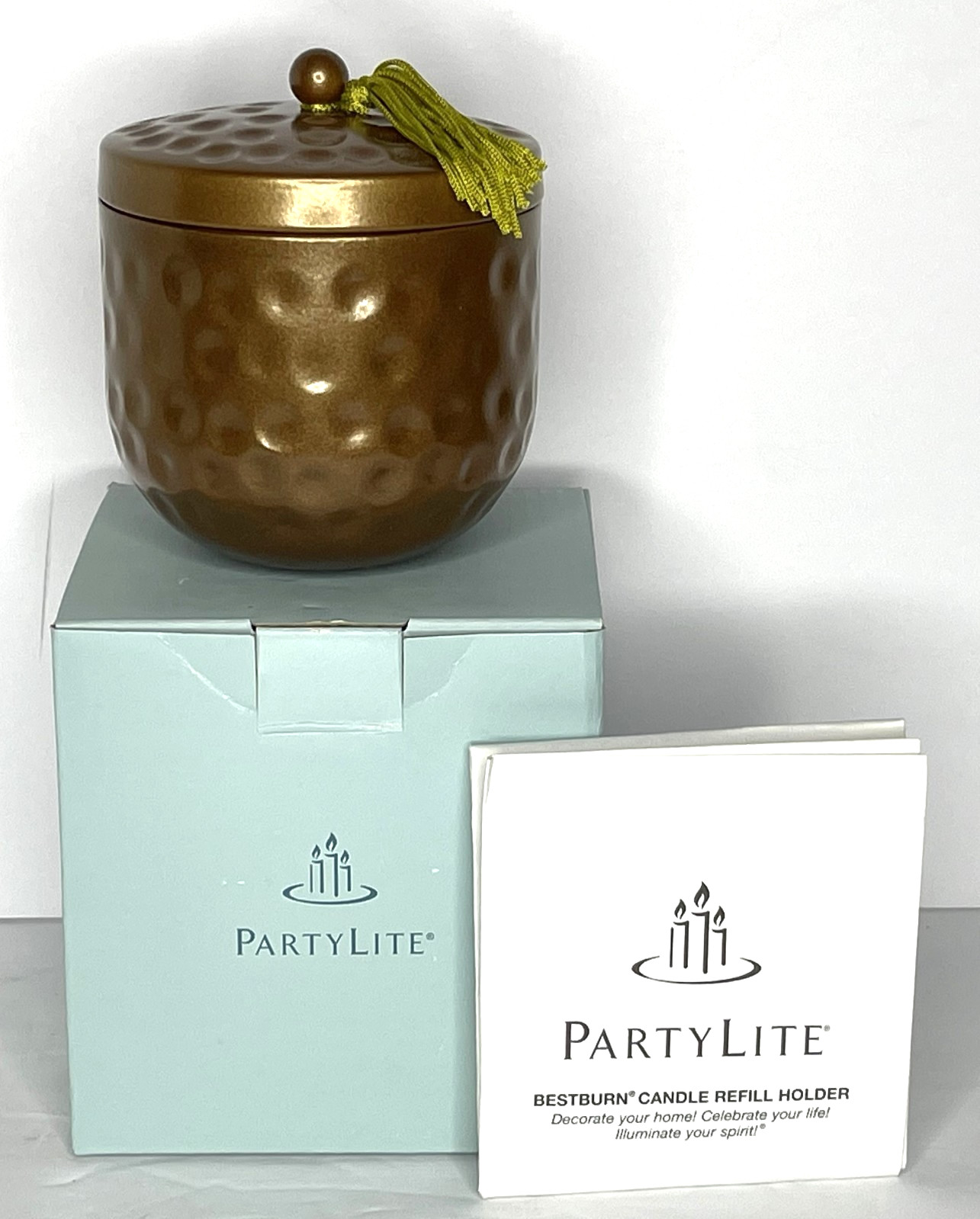 PartyLite Antique Bronze Refillable Candle Holder Lid Green Tassel Box P9918