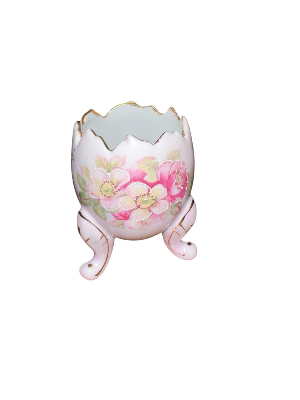 Vintage Inarco Porcelain Small Cracked Egg Three Footed Pink & Gold Floral Vase