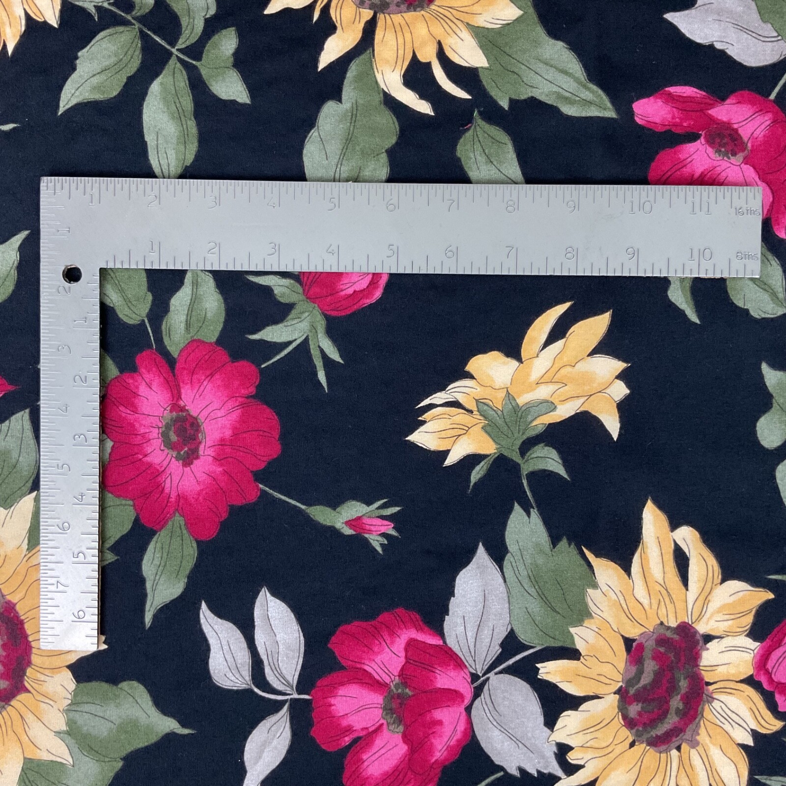 Vintage Mega Textile Corp floral rayon? fabric 34.5” x 60” on black background