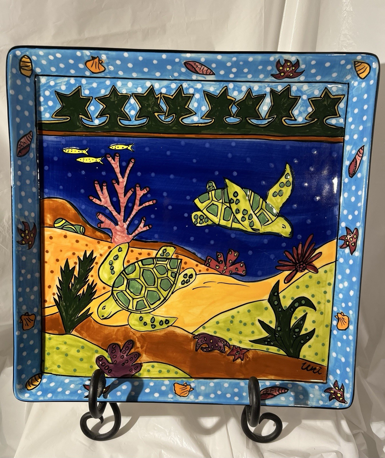 Tropical Clay Hawaii 10” Square Dish Underwater Sea Turtles , Reef & Fish Signed