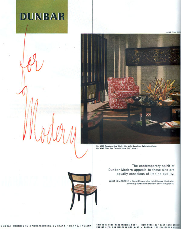 Dunbar Mid Century Modern Furniture CANEBACK SIDE CHAIR Revolving Chair 1949 Ad