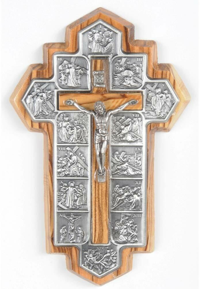 Olive Wood Crucifix – icon showing 14 Stations of the Cross etched on metal