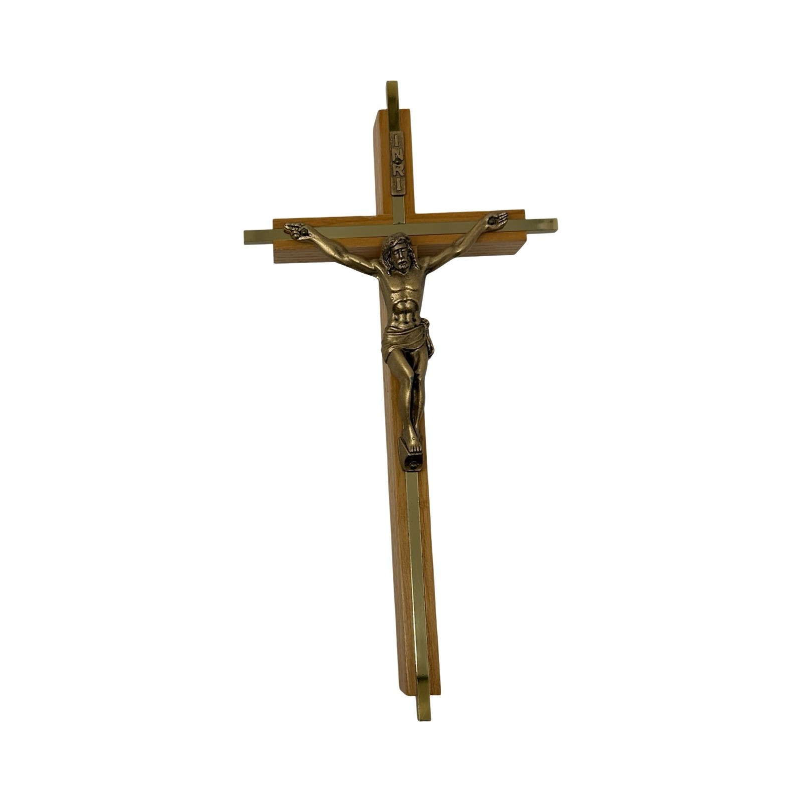 Vintage 1960s MCM Brass Tone Metal Wood Wall Crucifix Cross INRI Catholic 10″