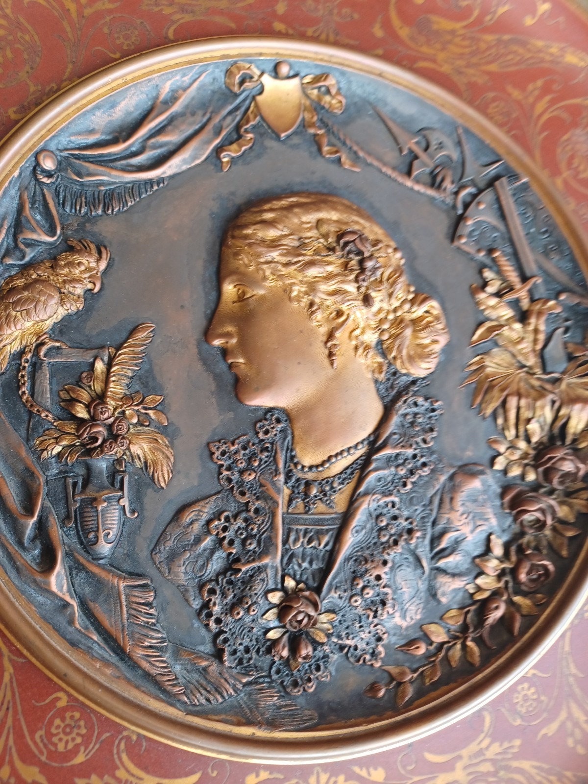 ANTIQUE VICTORIAN 19th C LADY PARROT FLORAL RELIEF PORTRAIT SIGNED BRONZE PLAQUE