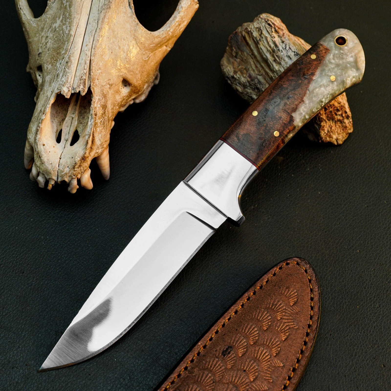 8.7″ D2 Steel Hunting Knife Full Tang Resin Handle Fixed Blade Leather Sheath