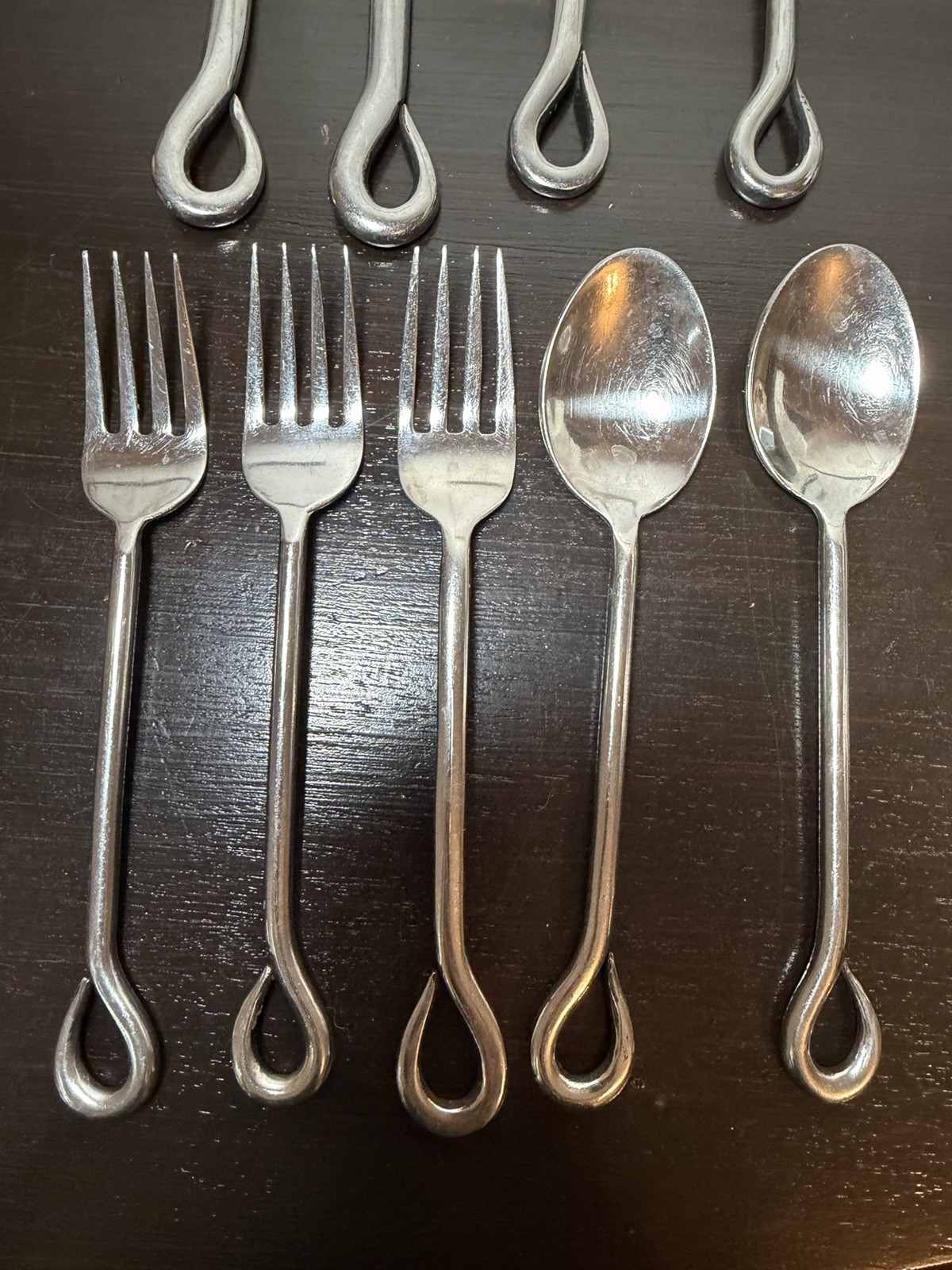 Vintage MCM Thailand Flatware Loop Teardrop Set of 9 Pc Spoons, Forks & Knives