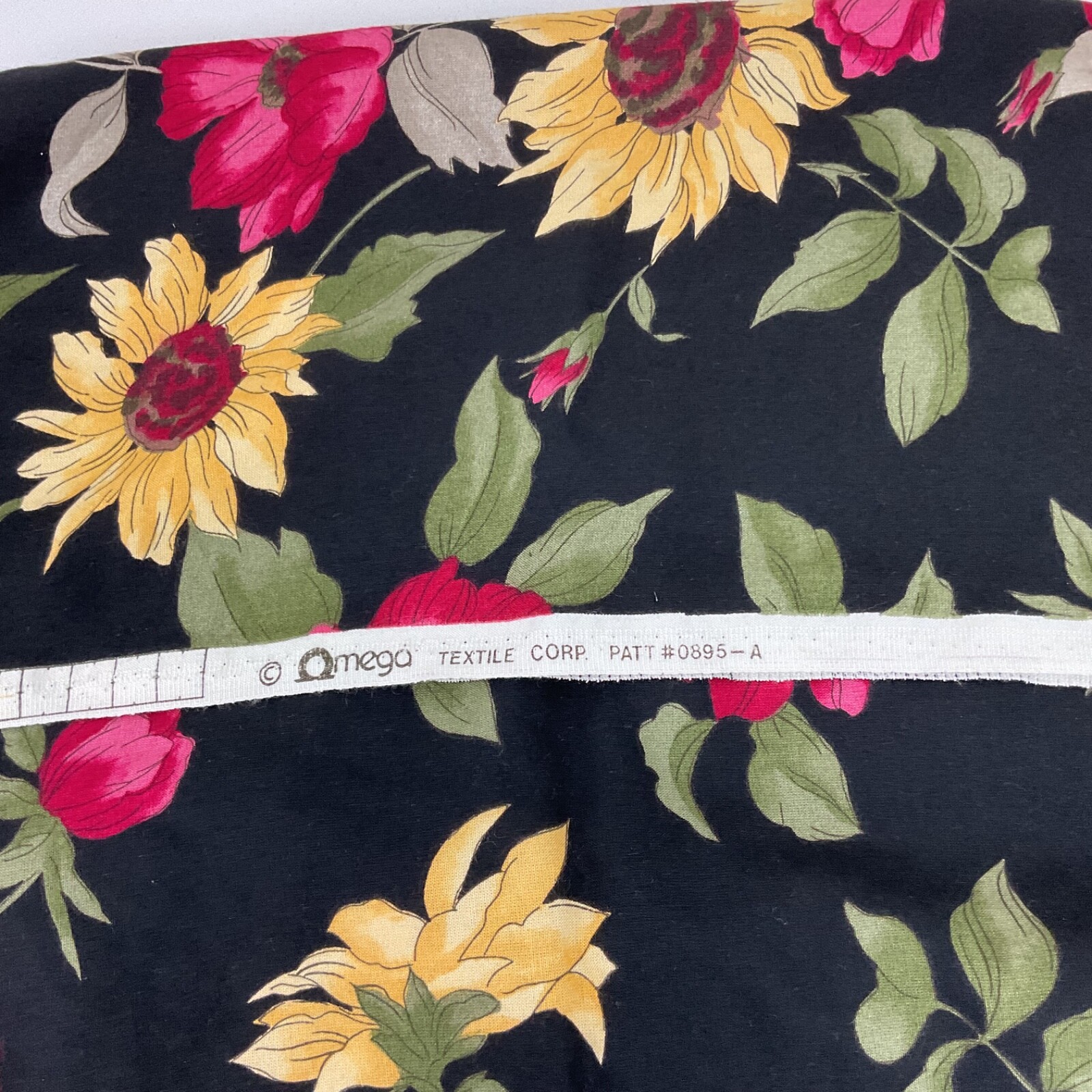 Vintage Mega Textile Corp floral rayon? fabric 34.5” x 60” on black background
