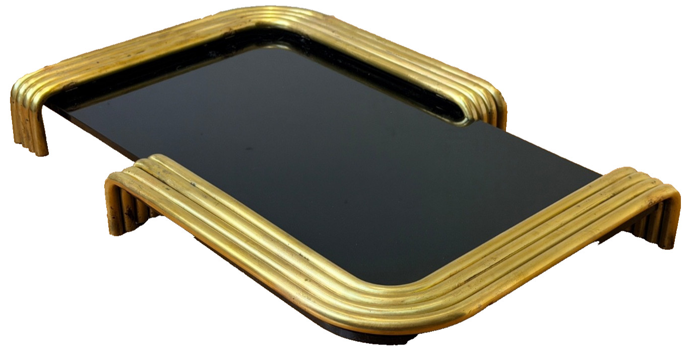 Lancelle Art Deco Brass Black Lucite Serving Bar Vanity Display Tray Vtg Mcm Old