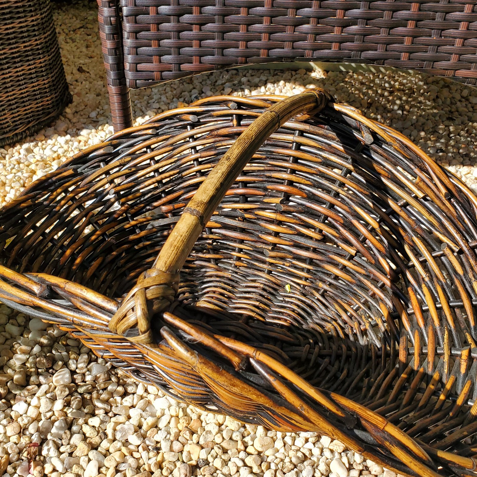 Willow Harvest Basket Vintage Flat Top Handle Handmade Hand Crafted Woven Wood