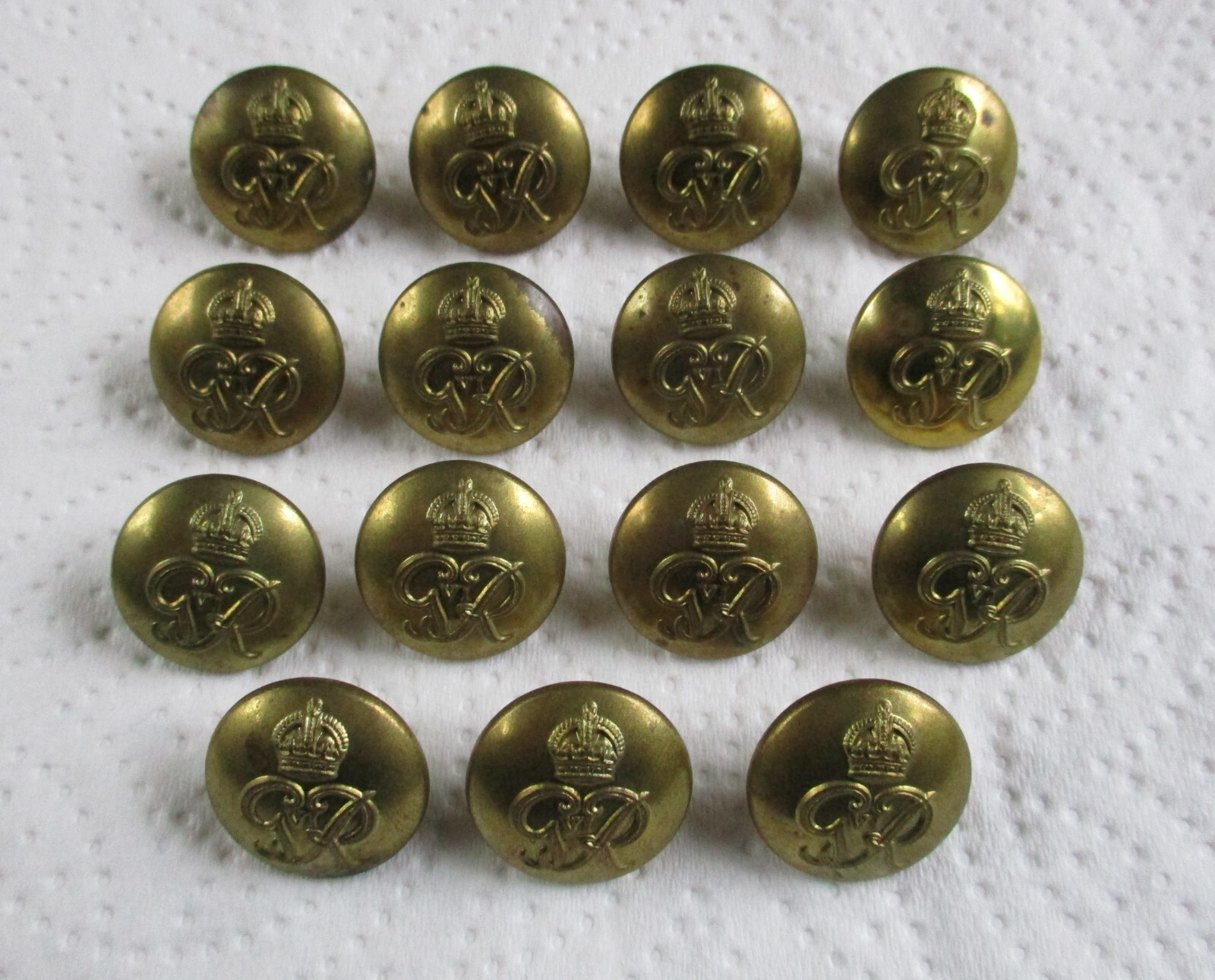 15x British:”ROYAL MILITARY POLICE BRASS BUTTONS” (Small, 19mm, GVIR, WW2 Era)