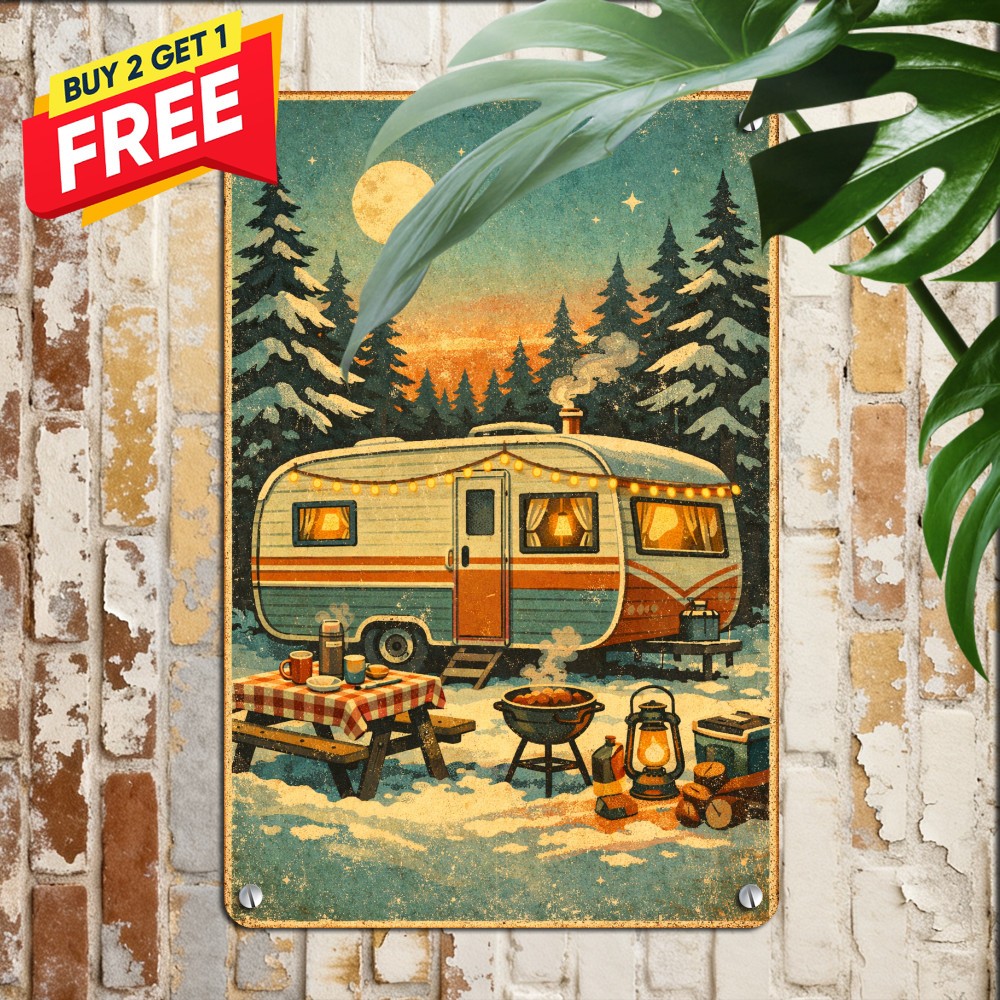 Camping Trailer Metal Sign Vintage RV Motorhome Outdoor Adventure Wall Decor